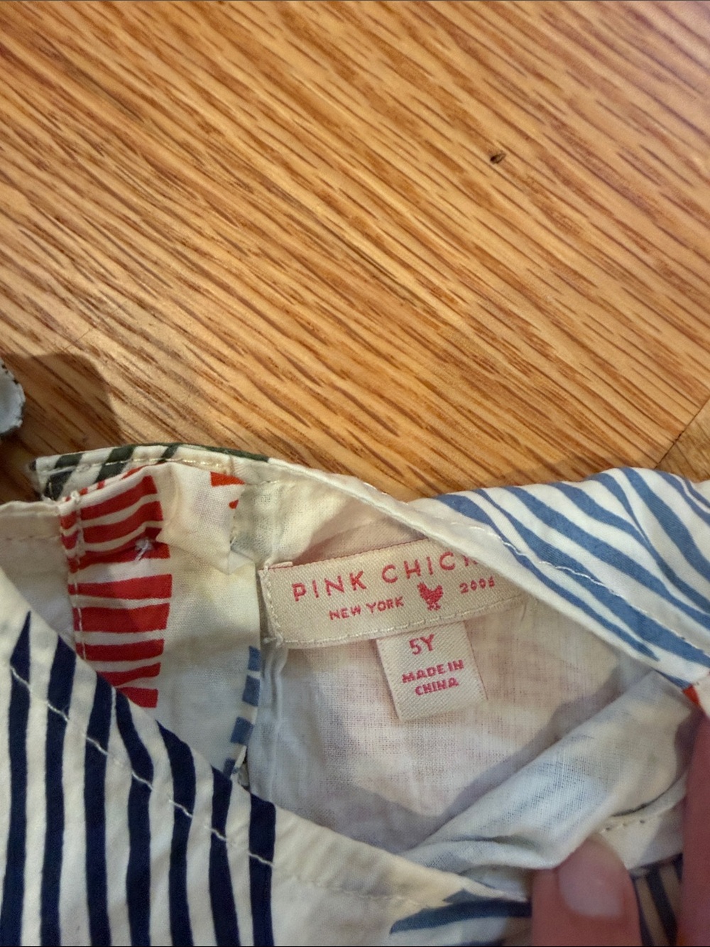 Pink Chicken White Cotton Dress with Blue, Red and Green Bows - Picture 3 of 3